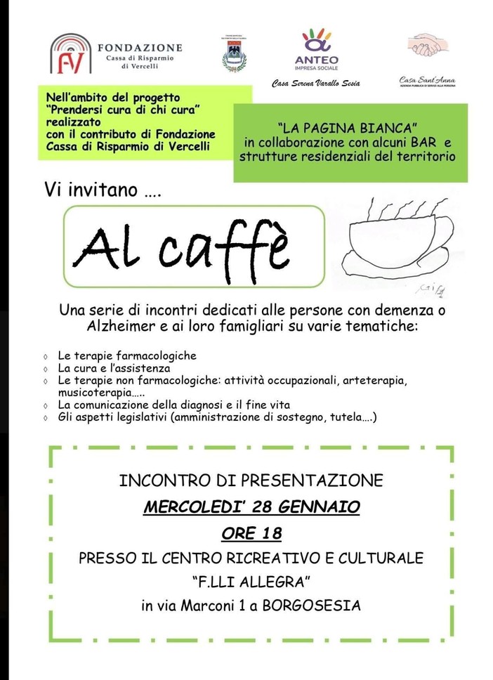 Borgosesia, parte “Al caffè”: incontri e supporto per persone con demenza e Alzheimer e i loro familiari