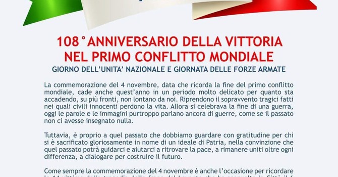 Varallo, l’8 novembre la commemorazione del 108° anniversario della Vittoria e delle Forze Armate