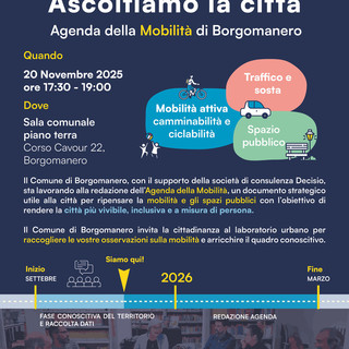 Borgomanero, il 20 novembre il laboratorio urbano dedicato all’Agenda della Mobilità: cittadini invitati a contribuire