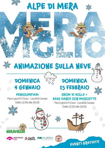 Alpe di Mera, torna l’animazione sulla neve: il 15 febbraio show di bolle e baby dance con mascotte