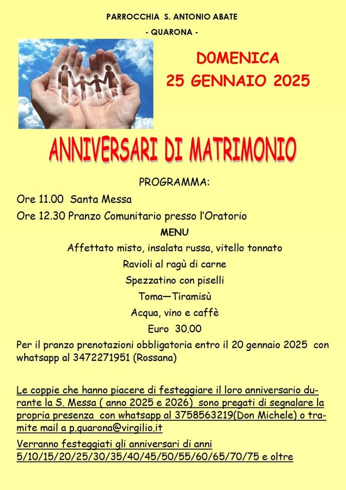 Quarona, la Parrocchia di Sant’Antonio Abate celebra gli anniversari di matrimonio