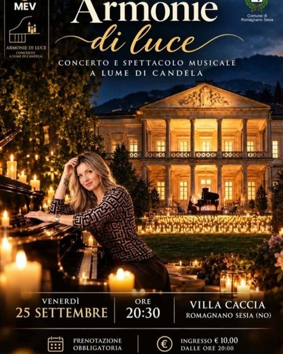 Romagnano Sesia, il 25 settembre “Armonie di Luce”: concerto a lume di candela a Villa Caccia Romagnano Sesia, il 25 settembre “Armonie di Luce”: concerto a lume di candela a Villa Caccia