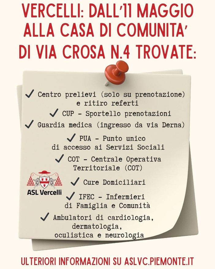 Vercelli, dall’11 maggio i servizi sanitari nella nuova Casa di Comunità di via Crosa