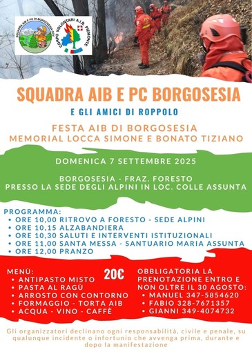 Borgosesia, festa AIB: domenica 7 settembre il memorial Locca Simone e Bonato Tiziano