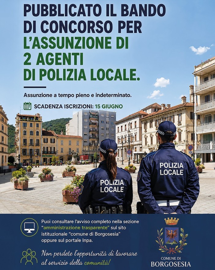 Borgosesia, concorso per due istruttori di Polizia Locale