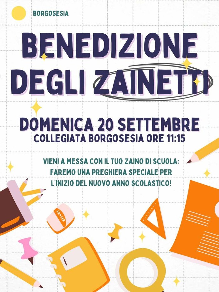 Borgosesia, domenica la benedizione degli zainetti per l’inizio dell’anno scolastico Borgosesia, domenica la benedizione degli zainetti per l’inizio dell’anno scolastico