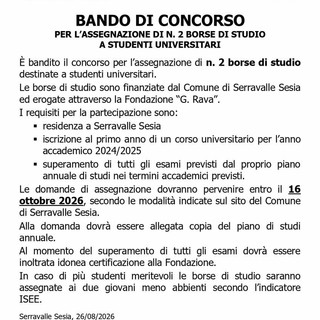 Due borse di studio per universitari residenti a Serravalle Sesia