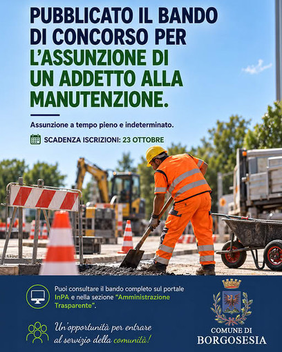 Borgosesia, concorso per un addetto alla manutenzione: assunzione a tempo pieno e indeterminato Borgosesia, concorso per un addetto alla manutenzione: assunzione a tempo pieno e indeterminato