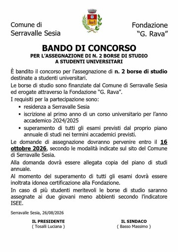 Due borse di studio per universitari residenti a Serravalle Sesia