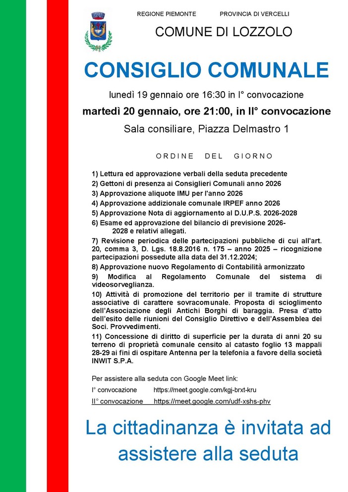 Lozzolo, convocato il Consiglio comunale: in discussione IMU, addizionale Irpef e bilancio 2026-2028