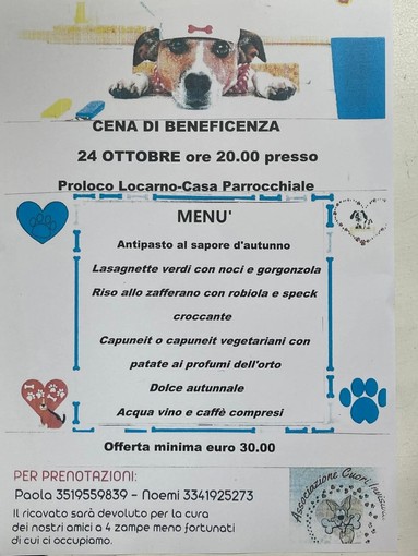 Cena di beneficenza a Locarno per sostenere gli animali meno fortunati Cena di beneficenza a Locarno per sostenere gli animali meno fortunati
