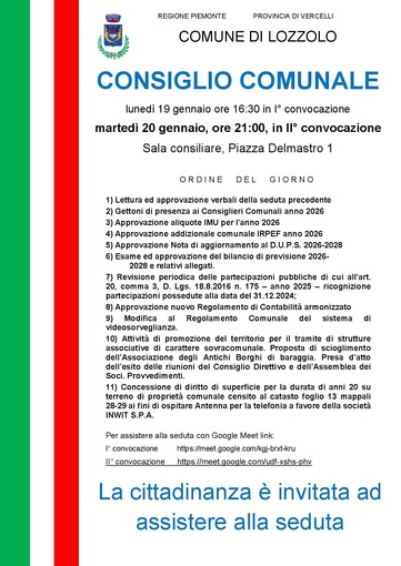 Lozzolo, convocato il Consiglio comunale: in discussione IMU, addizionale Irpef e bilancio 2026-2028