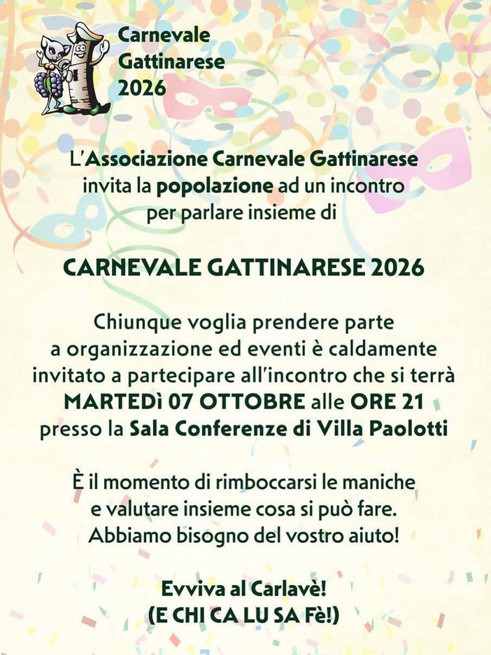 Gattinara si prepara al Carnevale 2026: incontro aperto alla cittadinanza Gattinara si prepara al Carnevale 2026: incontro aperto alla cittadinanza