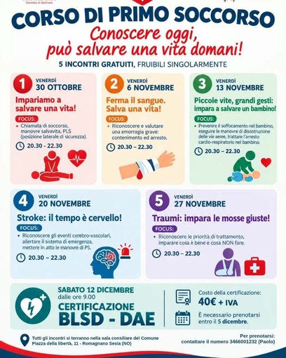 Romagnano Sesia, cinque incontri gratuiti per imparare le manovre di primo soccorso