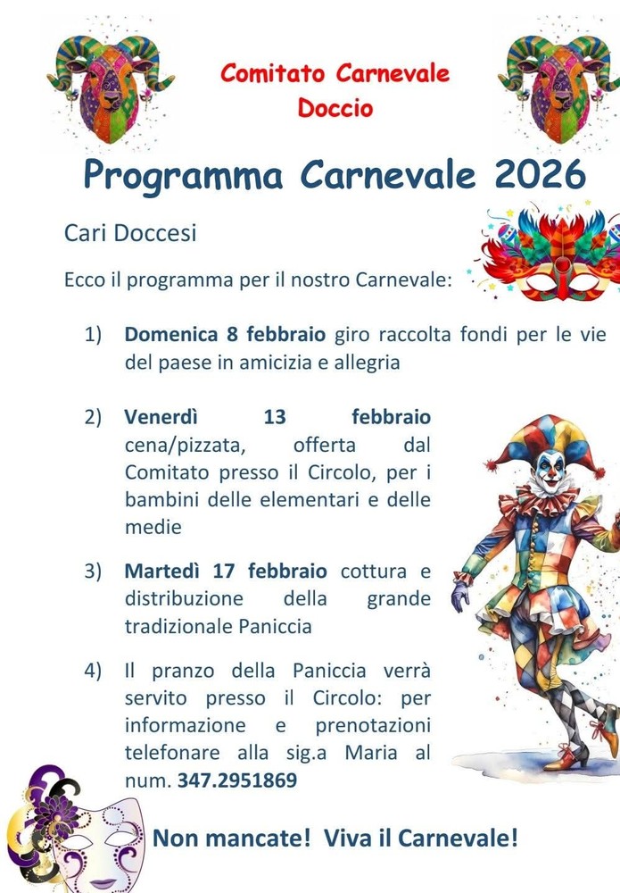 Doccio celebra il Carnevale 2026 tra raccolta fondi, pizzata e la tradizionale Paniccia