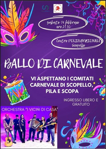 Scopello, Ballo di Carnevale al Centro Polifunzionale: serata con l’orchestra “I Vicini di Casa”
