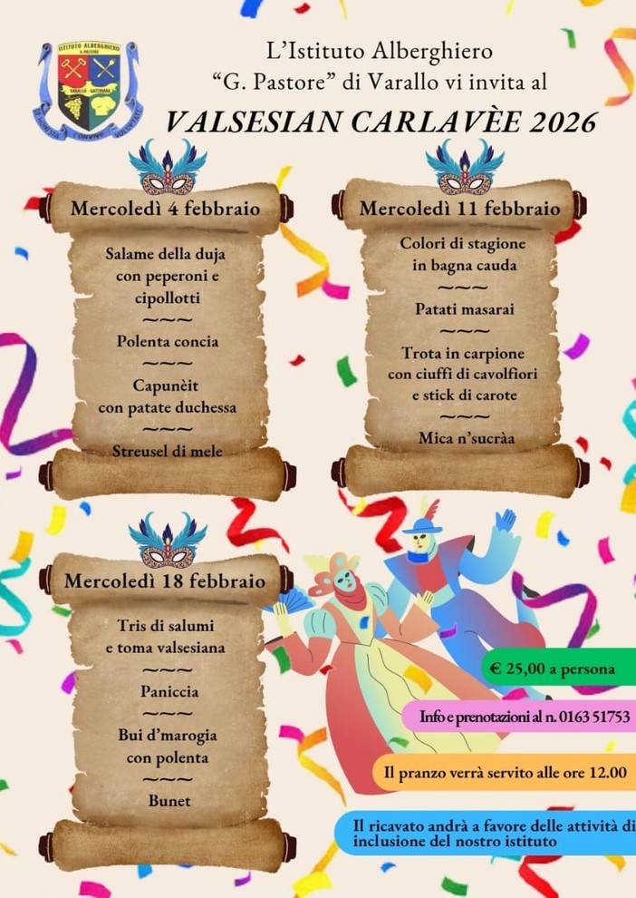 Varallo, l’Istituto Alberghiero “G. Pastore” celebra il Carnevale con tre pranzi valsesiani Varallo, l’Istituto Alberghiero “G. Pastore” celebra il Carnevale con tre pranzi valsesiani