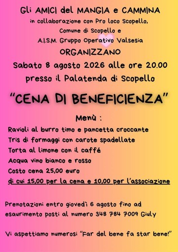 Scopello, cena di beneficenza al Palatenda con gli Amici del Mangia e Cammina