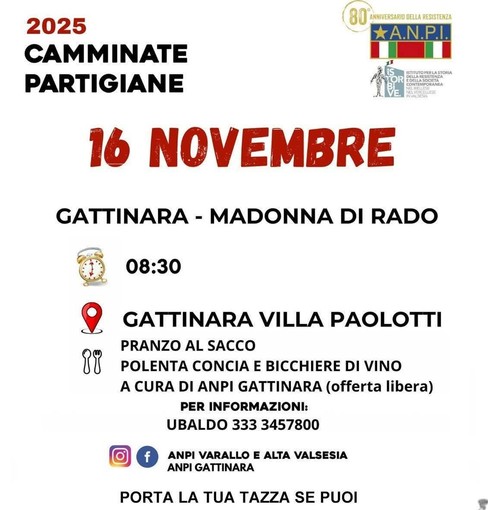 Gattinara, il 16 novembre torna la Camminata Partigiana verso Madonna di Rado