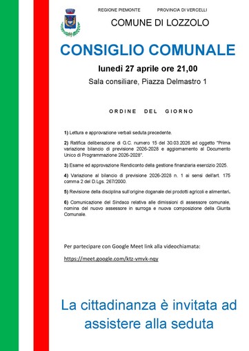 Lozzolo convoca il Consiglio comunale: seduta il 27 aprile tra bilancio, rendiconto e nuova composizione della Giunta