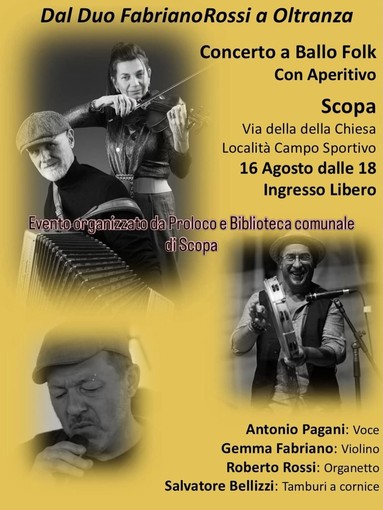 Scopa, il 16 agosto concerto a ballo folk con aperitivo Scopa, il 16 agosto concerto a ballo folk con aperitivo
