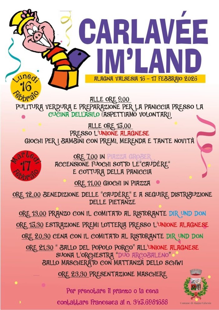 Ad Alagna Valsesia torna il “Carlavée Im’Land”: due giorni di festa tra Paniccia, giochi e ballo mascherato