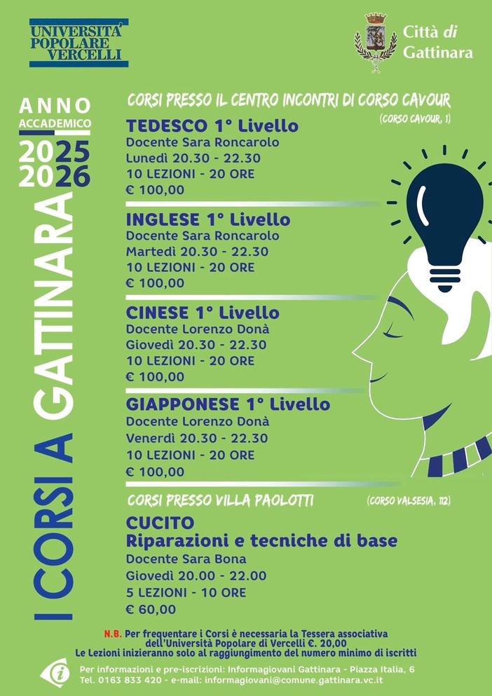 Gattinara rilancia i corsi dell’Università Popolare: lingue e cucito tra Centro Incontri e Villa Paolotti