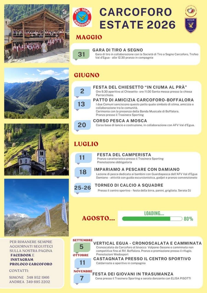 Carcoforo, il calendario dell’estate 2026 tra feste, sport e appuntamenti in quota