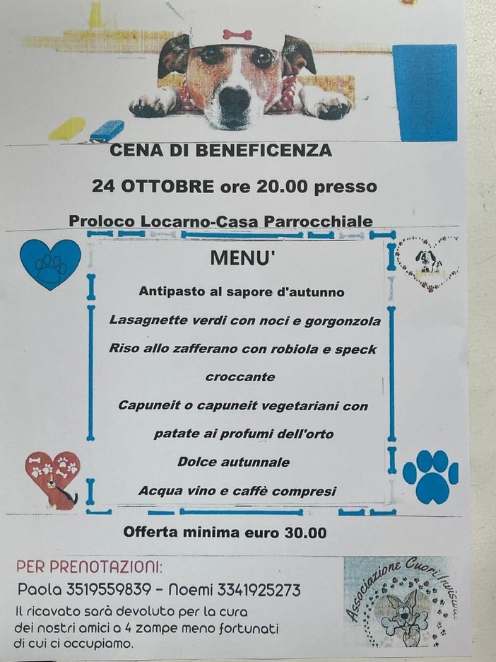 Cena di beneficenza a Locarno per sostenere gli animali meno fortunati Cena di beneficenza a Locarno per sostenere gli animali meno fortunati