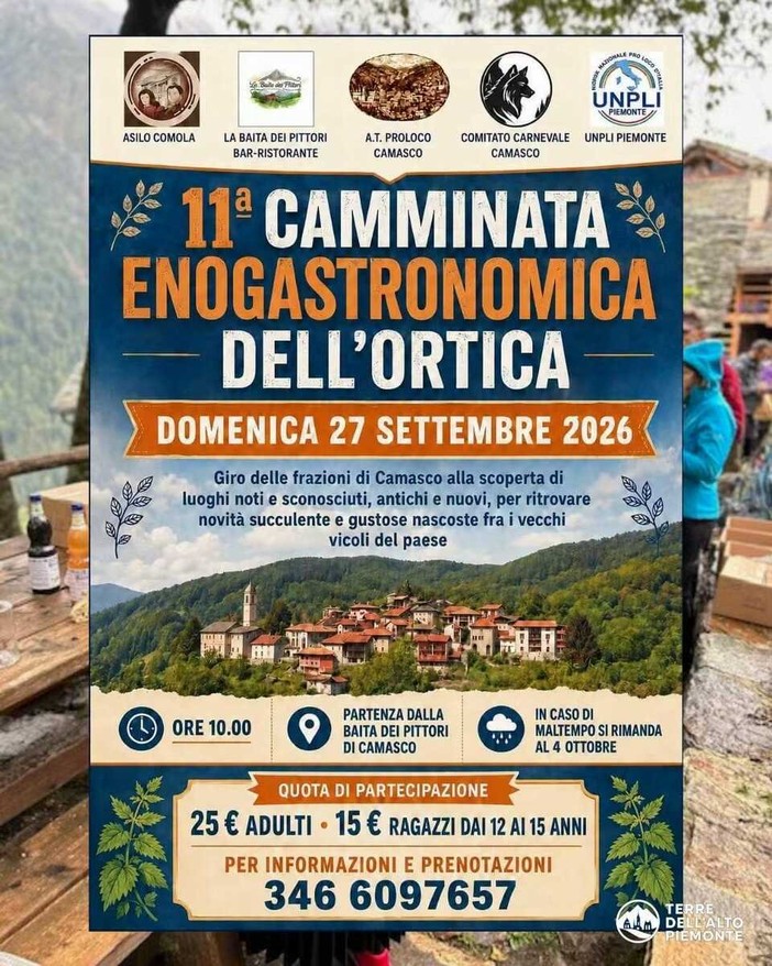 Camasco, il 27 settembre l’11ª Camminata Enogastronomica dell’Ortica tra frazioni e sapori del territorio Camasco, il 27 settembre l’11ª Camminata Enogastronomica dell’Ortica tra frazioni e sapori del territorio