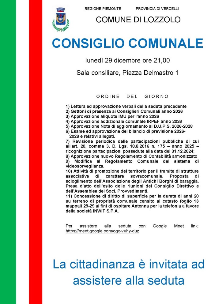 Lozzolo, convocato il Consiglio comunale del 29 dicembre: bilancio, IMU e regolamento di contabilità all’ordine del giorno