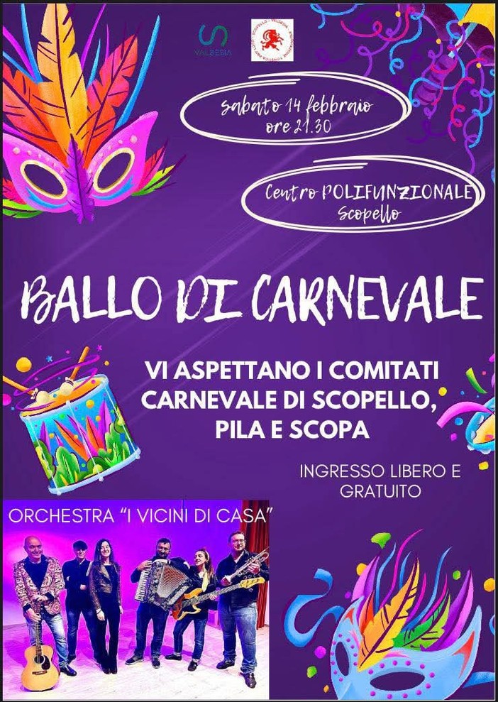 Scopello, Ballo di Carnevale al Centro Polifunzionale: serata con l’orchestra “I Vicini di Casa”