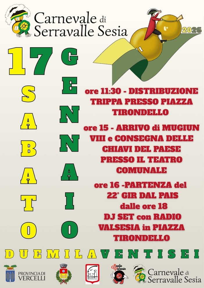 Serravalle Sesia entra nel clima di Carnevale: trippa in piazza, arrivo di Mugiun VIII e 22° “Gir dal Pais”