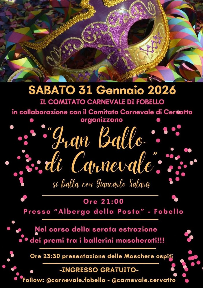 Fobello si prepara al Carnevale 2026: in arrivo il “Gran Ballo” con ingresso gratuito Fobello si prepara al Carnevale 2026: in arrivo il “Gran Ballo” con ingresso gratuito