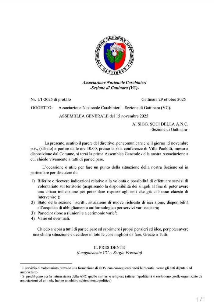 Gattinara, convocata l’Assemblea Generale dell’Associazione Nazionale Carabinieri Gattinara, convocata l’Assemblea Generale dell’Associazione Nazionale Carabinieri