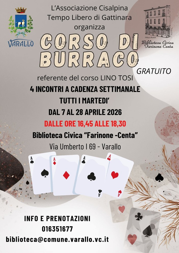A Varallo un corso gratuito di burraco in Biblioteca con quattro incontri ad aprile