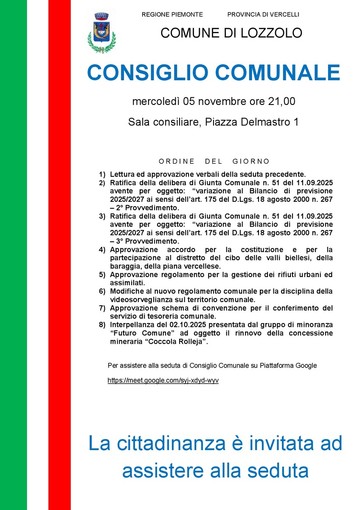 Consiglio comunale a Lozzolo il 5 novembre: tra i punti in discussione bilancio, regolamenti e videosorveglianza