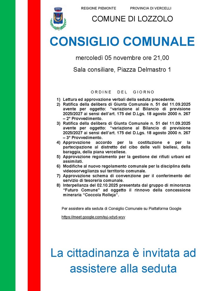 Consiglio comunale a Lozzolo il 5 novembre: tra i punti in discussione bilancio, regolamenti e videosorveglianza