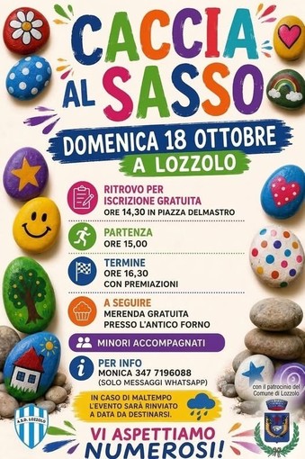 Lozzolo, il 18 ottobre “Caccia al Sasso”: gioco, premi e merenda per grandi e piccoli Lozzolo, il 18 ottobre “Caccia al Sasso”: gioco, premi e merenda per grandi e piccoli