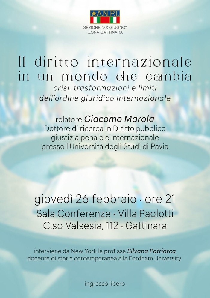 A Gattinara una serata sul diritto internazionale con Giacomo Marola e un intervento da New York