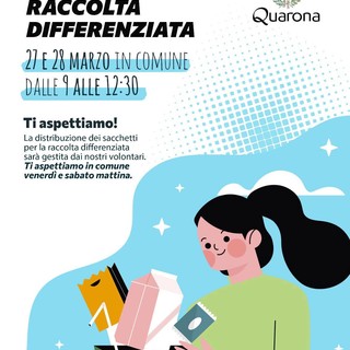 Quarona, in Municipio la distribuzione dei sacchetti per la raccolta differenziata il 27 e 28 marzo Quarona, in Municipio la distribuzione dei sacchetti per la raccolta differenziata il 27 e 28 marzo
