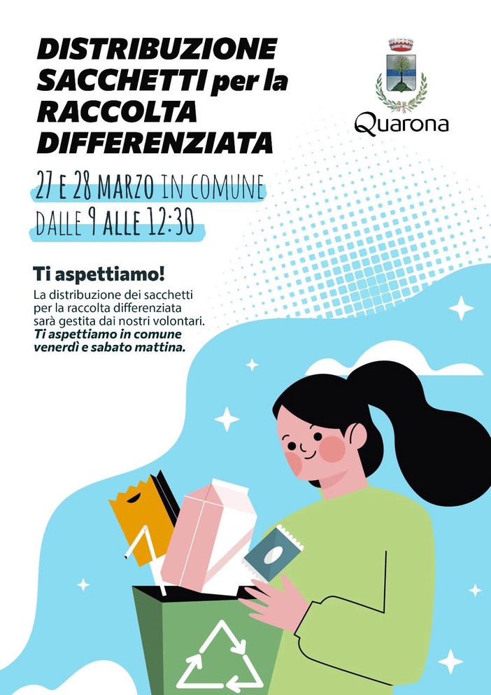 Quarona, in Municipio la distribuzione dei sacchetti per la raccolta differenziata il 27 e 28 marzo