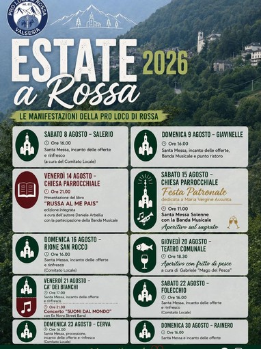 Rossa, il calendario dell’estate 2026 tra feste patronali, musica e momenti conviviali Rossa, il calendario dell’estate 2026 tra feste patronali, musica e momenti conviviali