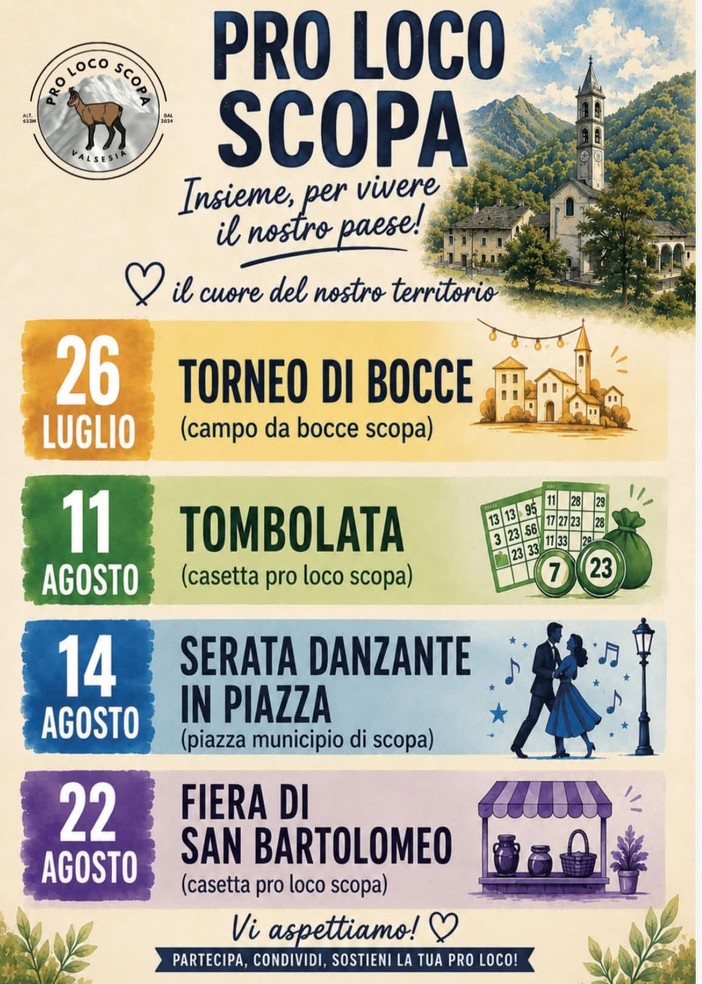 Scopa, estate con la Pro Loco tra bocce, tombola, ballo e Fiera di San Bartolomeo Scopa, estate con la Pro Loco tra bocce, tombola, ballo e Fiera di San Bartolomeo