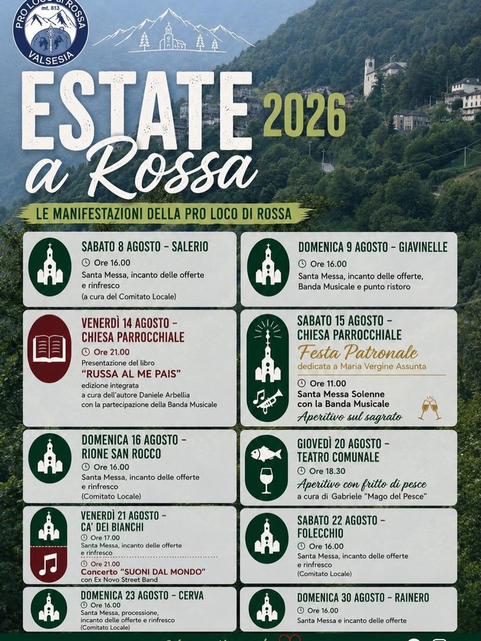 Rossa, il calendario dell’estate 2026 tra feste patronali, musica e momenti conviviali Rossa, il calendario dell’estate 2026 tra feste patronali, musica e momenti conviviali