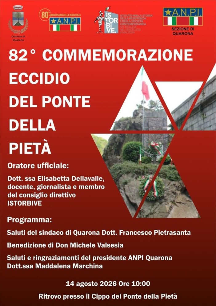 Quarona, il 14 agosto la commemorazione dell’eccidio del Ponte della Pietà Quarona, il 14 agosto la commemorazione dell’eccidio del Ponte della Pietà