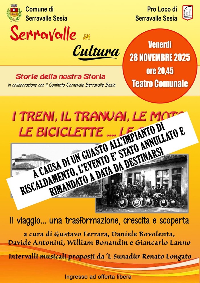 Serravalle Sesia, annullato l’evento “I treni, il tranvai, le moto, le biciclette… le corse!” per un guasto all’impianto di riscaldamento Serravalle Sesia, annullato l’evento “I treni, il tranvai, le moto, le biciclette… le corse!” per un guasto all’impianto di riscaldamento