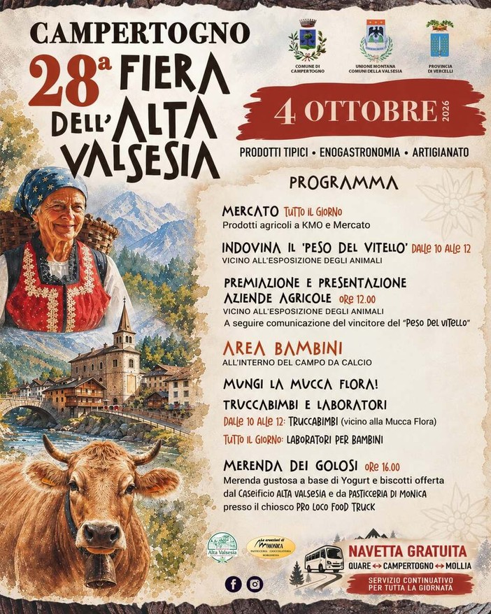 Campertogno, il 4 ottobre la 28ª Fiera dell’Alta Valsesia tra prodotti tipici, artigianato e tradizioni Campertogno, il 4 ottobre la 28ª Fiera dell’Alta Valsesia tra prodotti tipici, artigianato e tradizioni