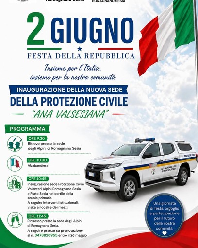 Festa della Repubblica a Romagnano Sesia con l’inaugurazione della nuova sede della Protezione Civile ANA Valsesiana Festa della Repubblica a Romagnano Sesia con l’inaugurazione della nuova sede della Protezione Civile ANA Valsesiana
