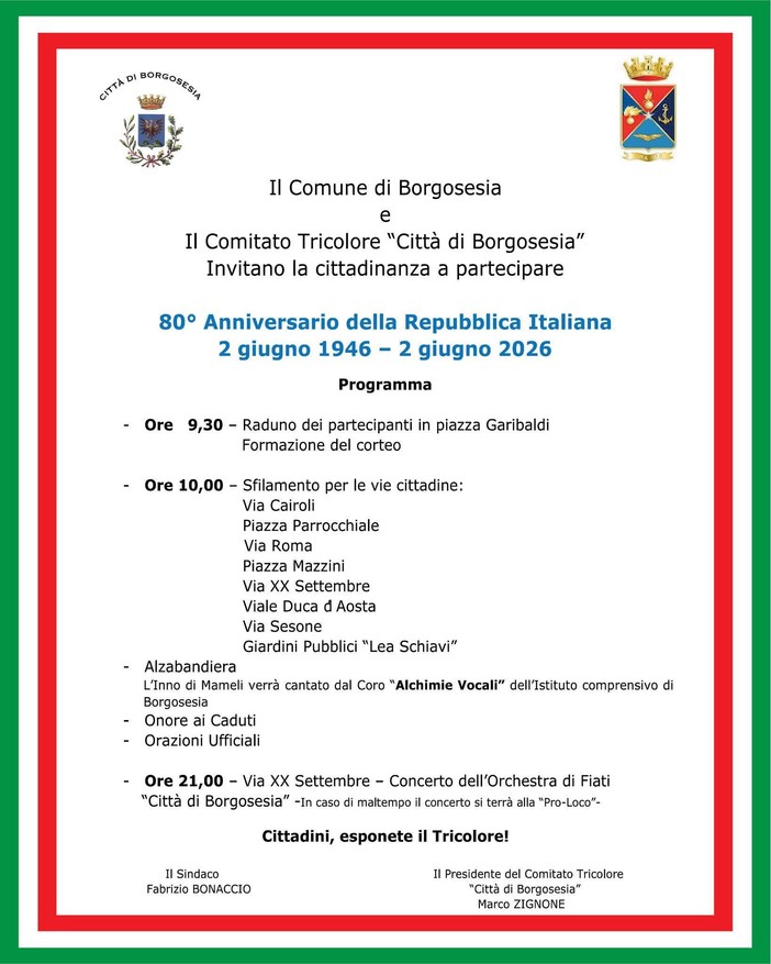 Borgosesia celebra l’80° anniversario della Repubblica Italiana Borgosesia celebra l’80° anniversario della Repubblica Italiana